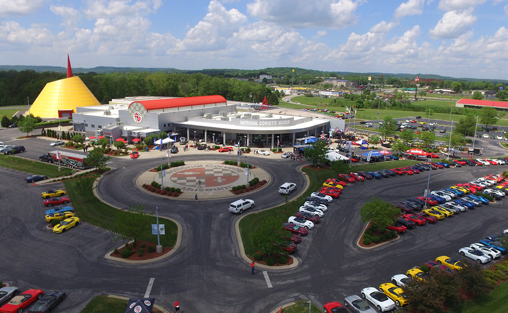 DCIM100MEDIADJI_0109.JPG Aerial photo of the National Corvette Museum in Bowling Green, KY, with dozens of Corvettes in the parking lot