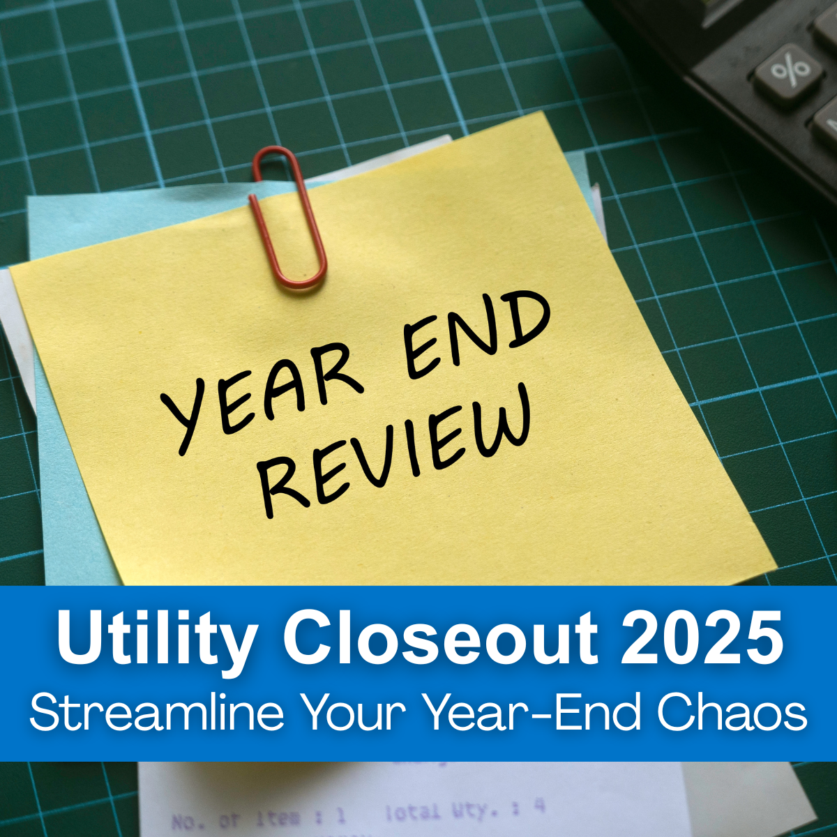 A sticky note on a desk with "Year End Review" written on it, along with a label on the image: "Utility Closeout 2025: Streamline Your Year-End Chaos"