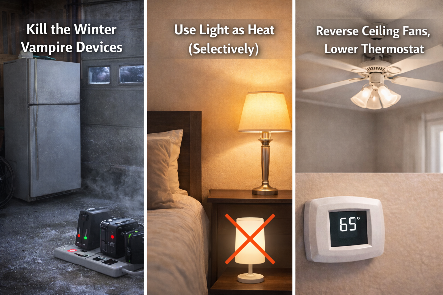 an image of three pieces of advice to lower electric bills: kill the winter vampire devices, use light as heat (selectively), and reverse ceiling fans then lower the thermostat