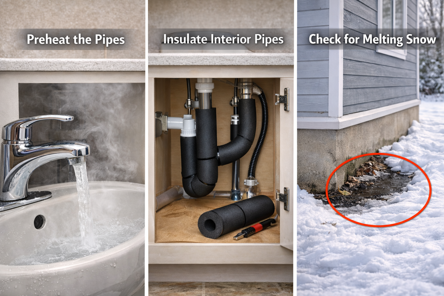 an image of three pieces of advice to lower water bills: preheat the pipes, insulate interior pipes, and check for melting snow