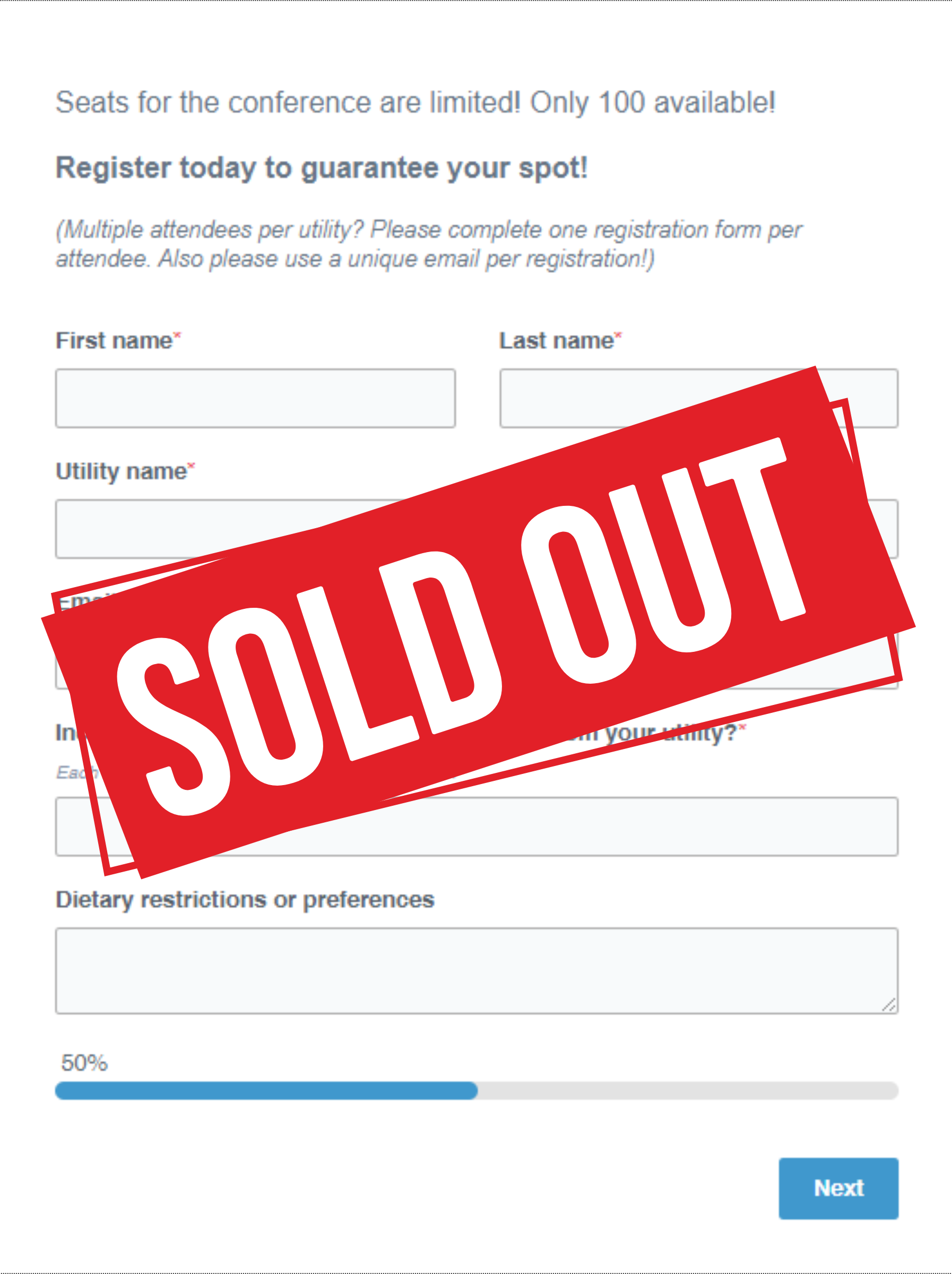 A form with the text "SOLD OUT" stamped across it