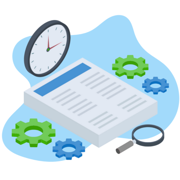 Illustration of utility reporting and workflow management showing operational documents, reporting tools, review processes, and configuration settings