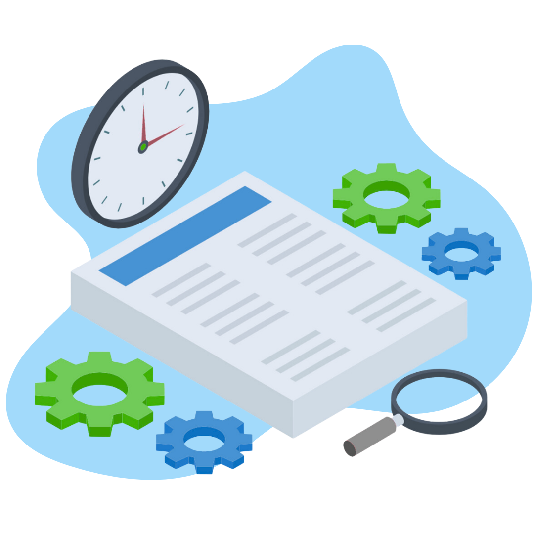 Illustration of utility reporting and workflow management showing operational documents, reporting tools, review processes, and configuration settings