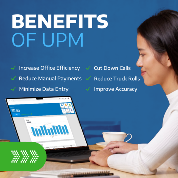 An image showing a young woman using the United Systems customer web portal on her laptop, with text overlay that says "Benefits of UPM"