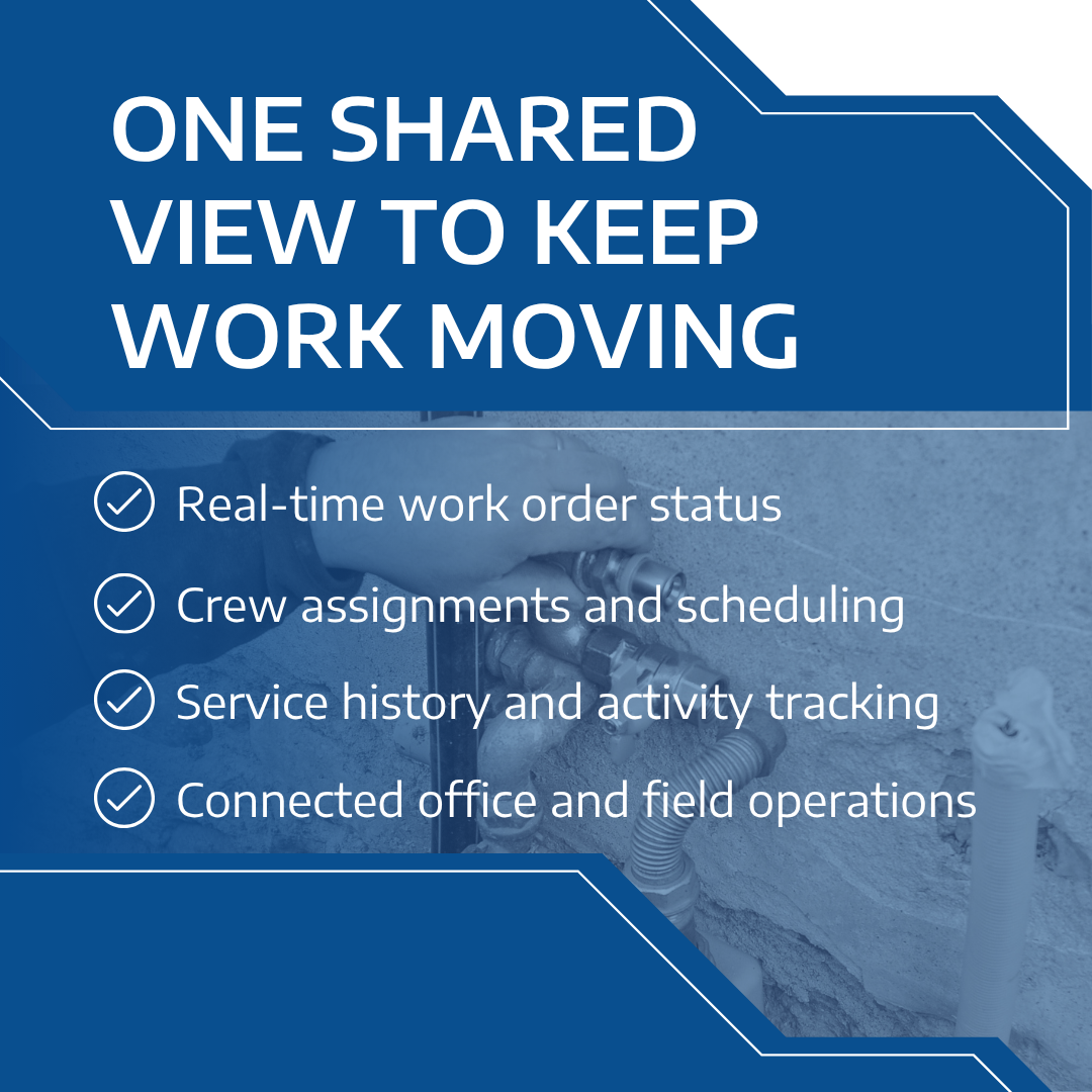 Utility work order management software providing real-time work order status, crew scheduling, service history tracking, and connected office-to-field operations