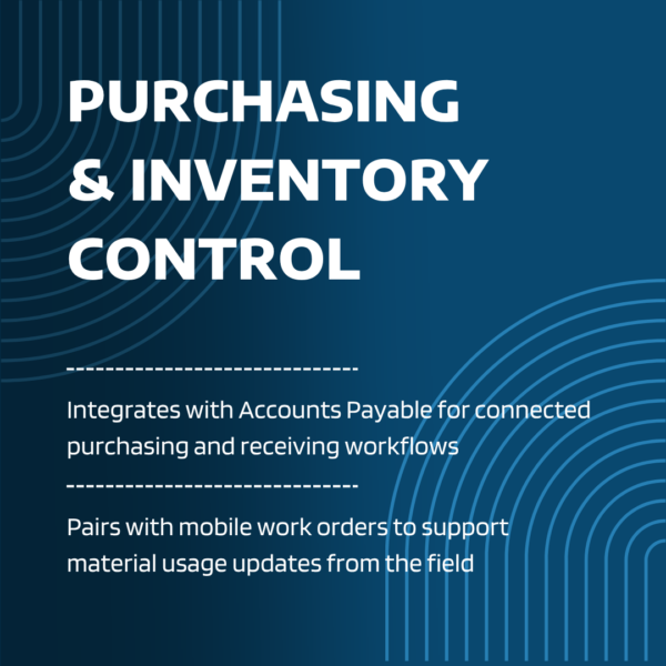 Utility inventory purchasing and warehouse control graphic showing connected purchasing workflows, receiving operations, and mobile field material usage updates integrated with Accounts Payable and work order systems