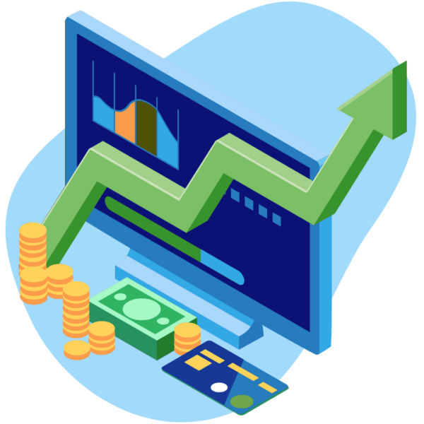 A computer monitor with an upward graph across it and money and credit cards in front of it, representing utility payment processing and billing services.