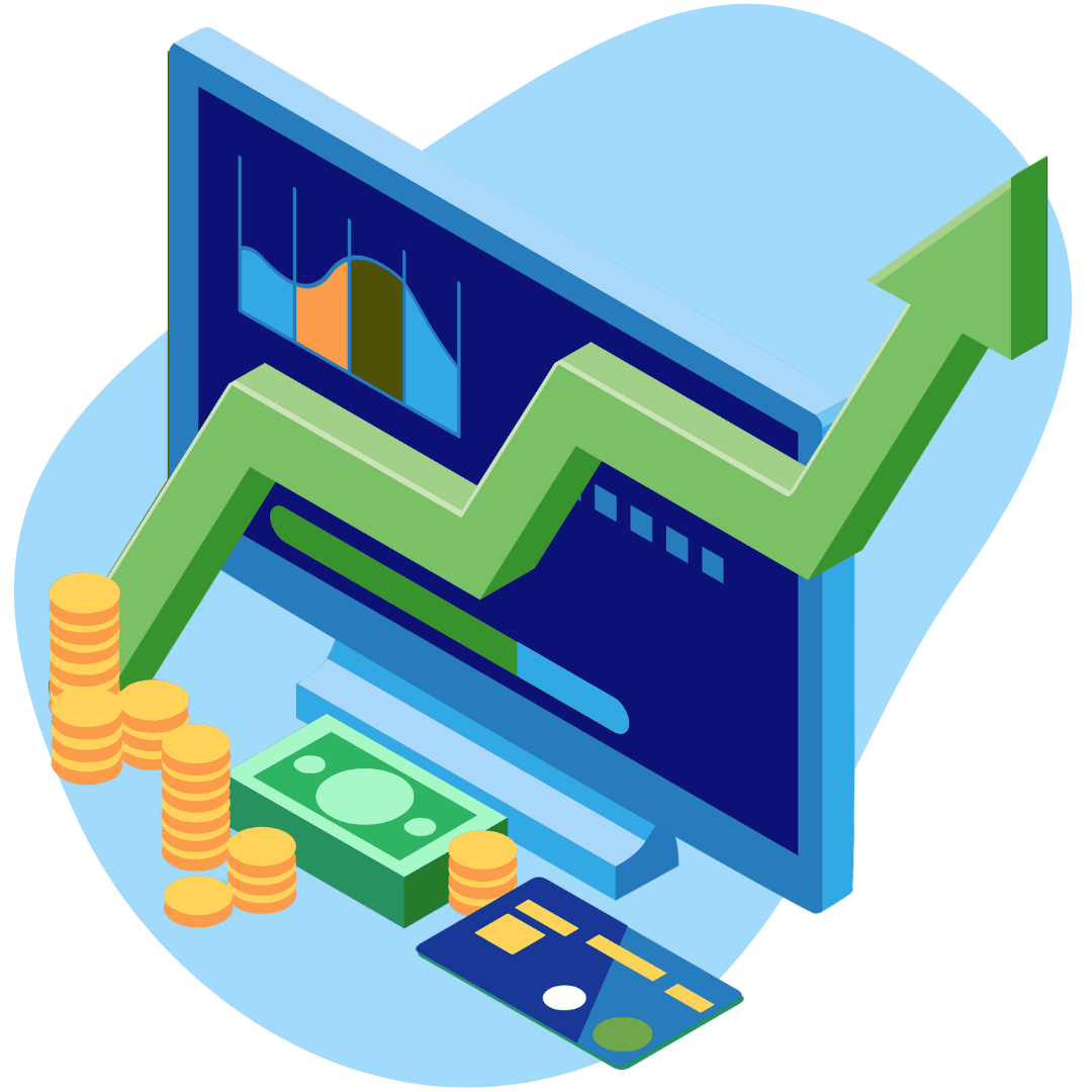 A computer monitor with an upward graph across it and money and credit cards in front of it, representing utility payment processing and billing services.
