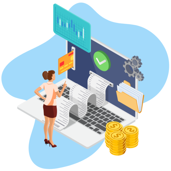An illustration of an miniature office worker looking at a laptop that has a credit card and receipt coming out of the screen, alongside a stack of coins, a file folder, gears, and a data display