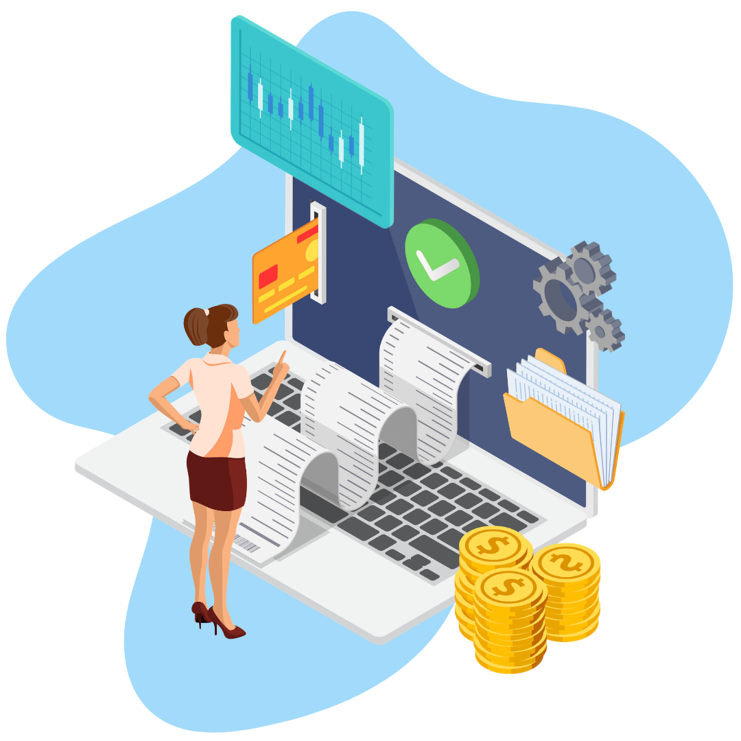 An illustration of an miniature office worker looking at a laptop that has a credit card and receipt coming out of the screen, alongside a stack of coins, a file folder, gears, and a data display
