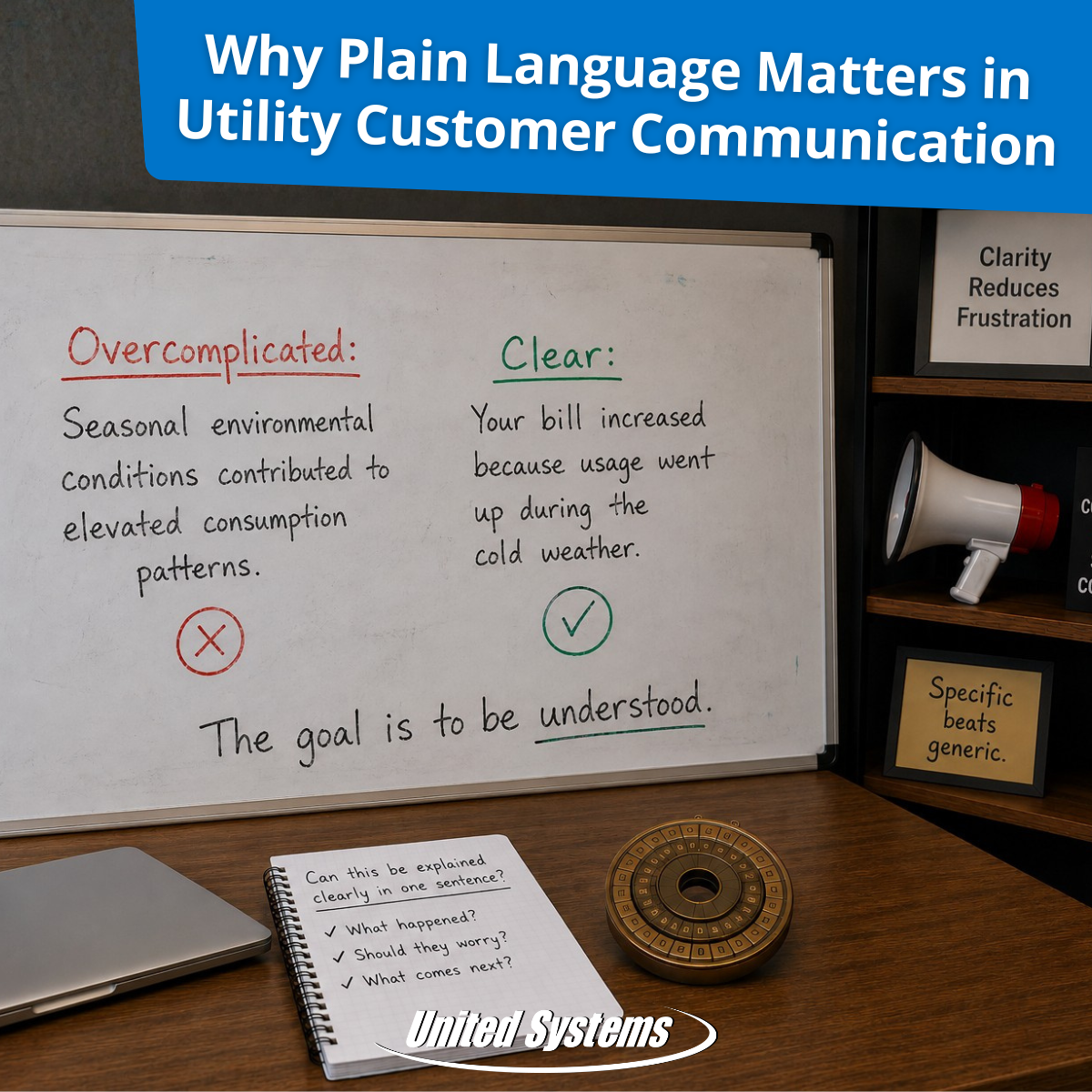 Whiteboard comparing overcomplicated utility communication with clear customer language. One side uses technical jargon about elevated consumption patterns, while the other says a bill increased because of cold weather usage. Supporting notes emphasize that clarity reduces frustration and the goal is to be understood. Branded United Systems graphic about plain language in utility customer communication.