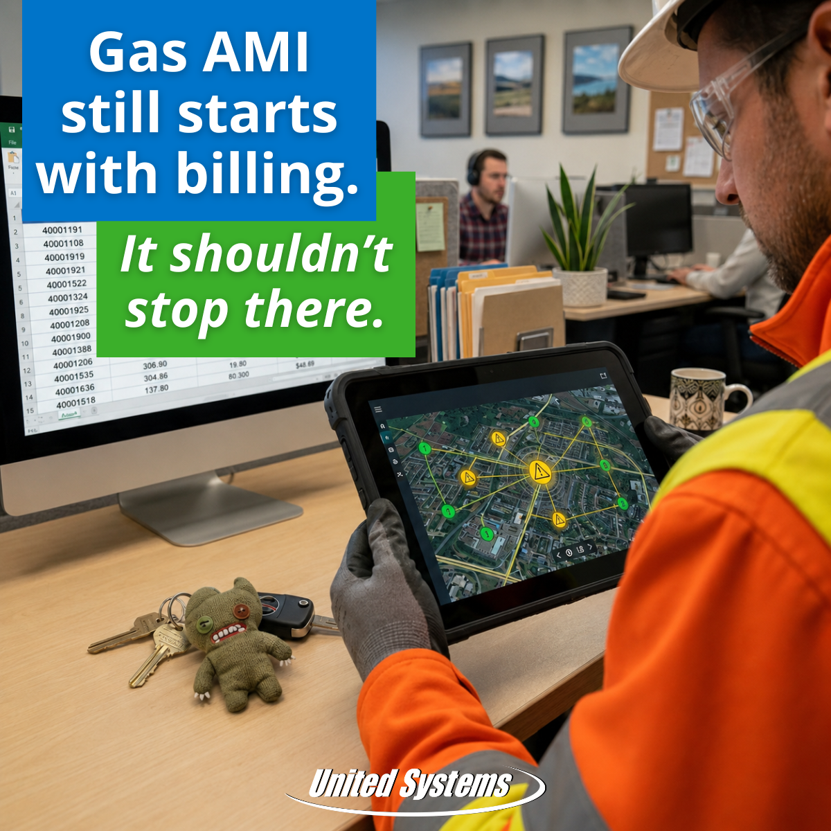 Utility worker in safety gear uses a tablet showing a gas network map beside a billing spreadsheet, with text reading, “Gas AMI still starts with billing. It shouldn’t stop there.”