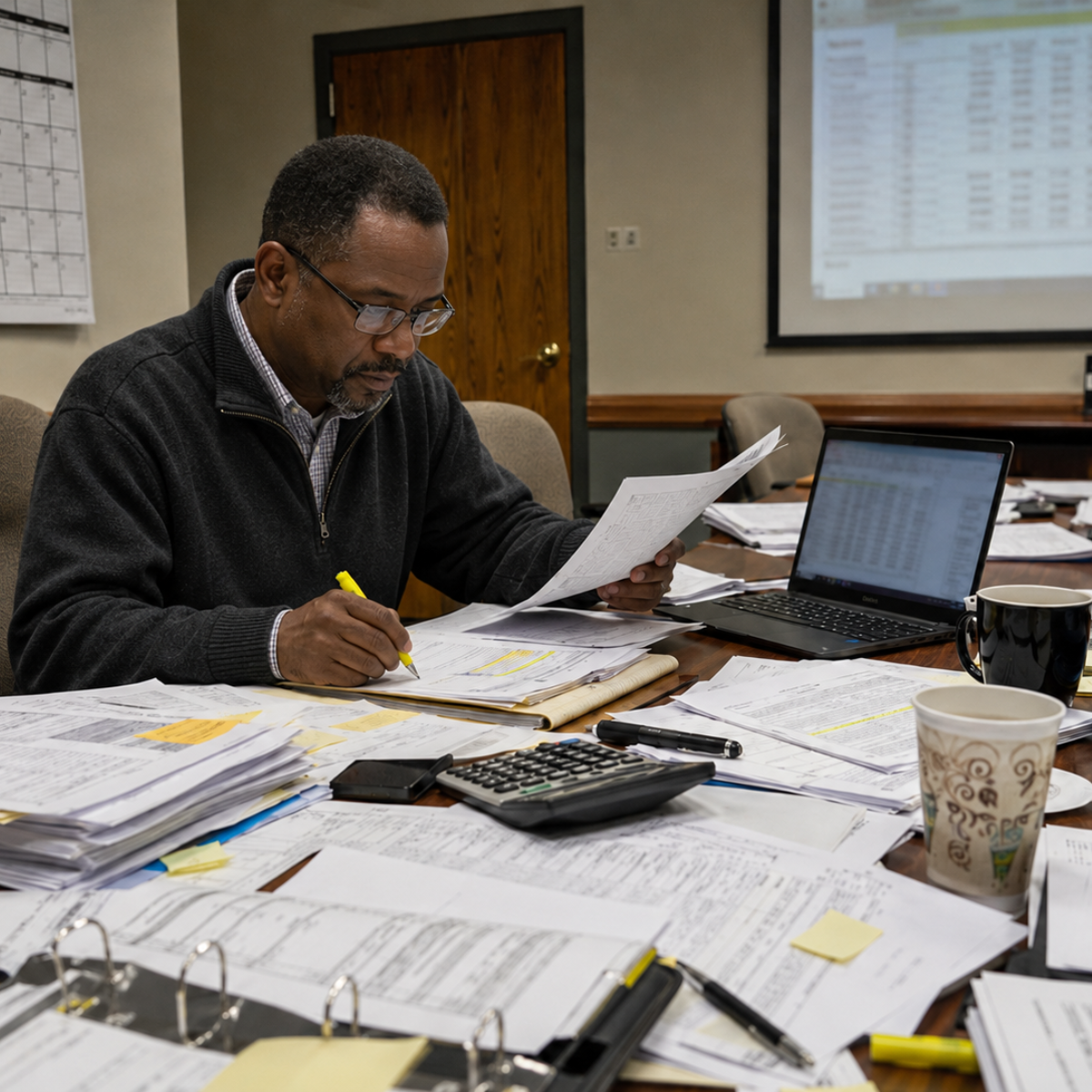 Municipal utility manager manually assembles billing reports before an audit or council meeting