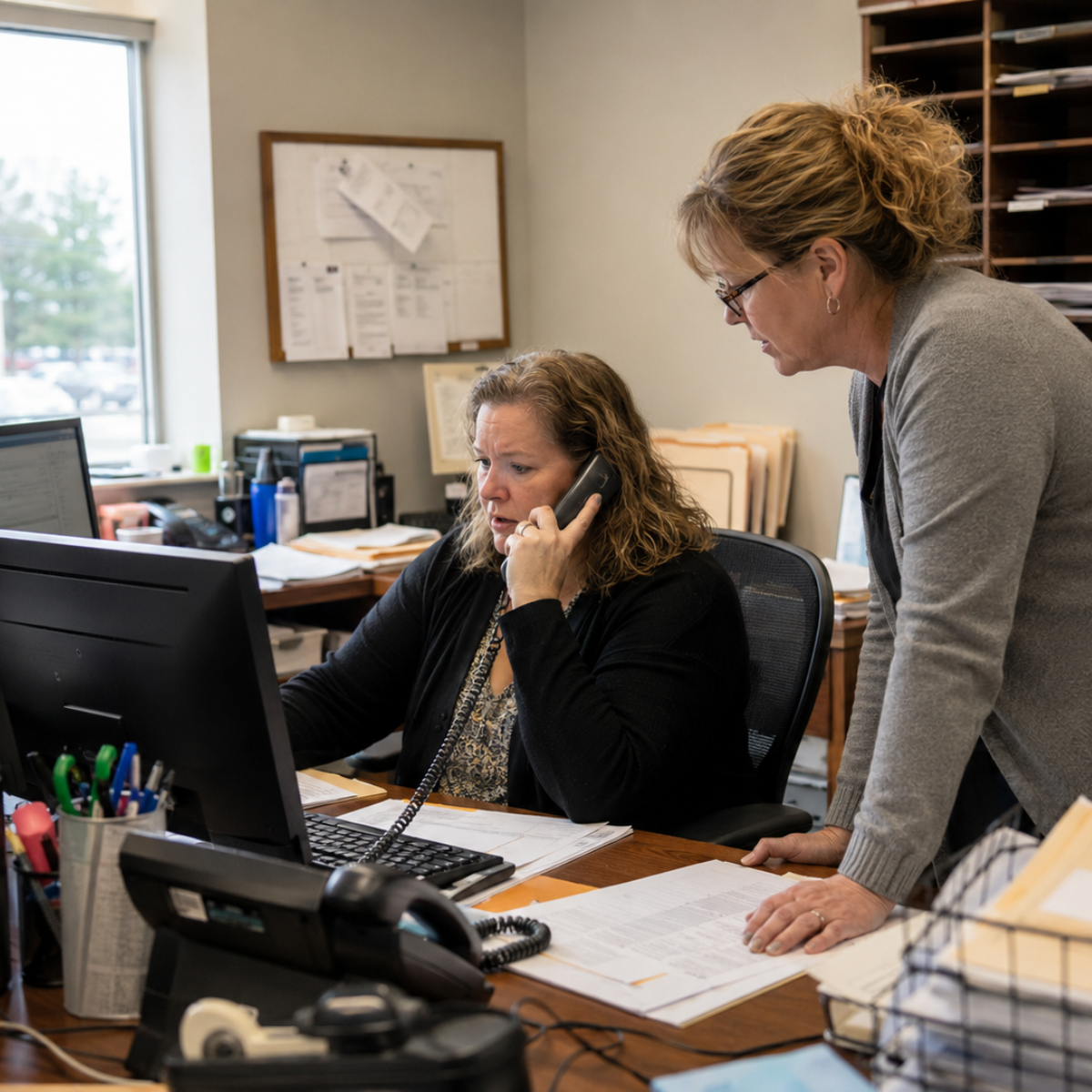 Utility customer service staff review billing account information during a customer phone call