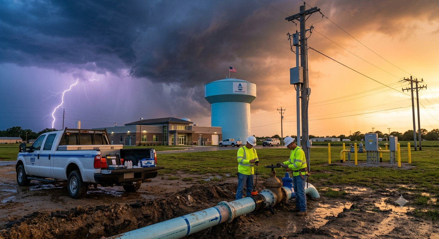 IMAGE BLOG Utility El Nino Preps A two man utility crew wearing yellow caution vests stand in the center of the image, working on water lines. To the left of them is a work truck. To the right, electric lines, poles, and other infrastructure. There's a water tower directly behind the workers in the center of the shot, and a utility building under the tower. The sky is a mix of storm clouds and lightning to the left and dry and hot conditions to the right.