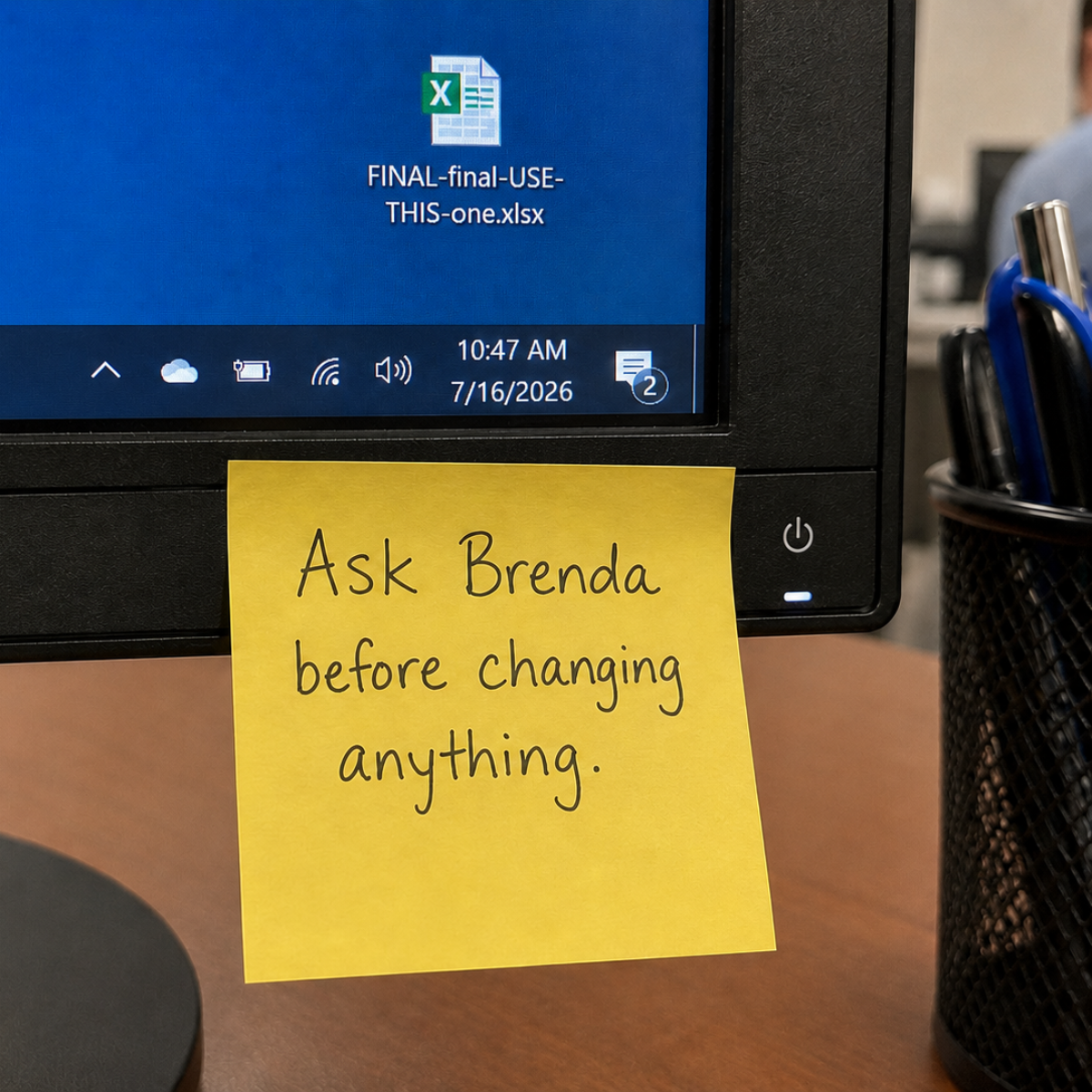 Close-up of an office computer showing an Excel file named “FINAL-final-USE-THIS-one.xlsx.” A yellow sticky note on the monitor reads, “Ask Brenda before changing anything.”