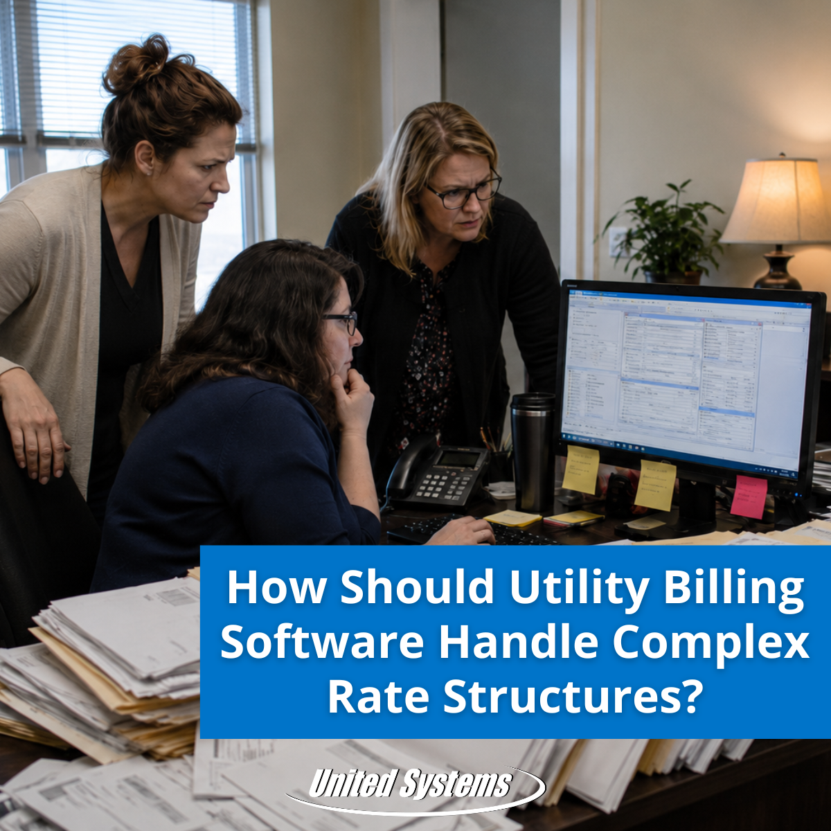 Three utility office employees gather around a computer amid stacks of paperwork. A blue banner reads, “How Should Utility Billing Software Handle Complex Rate Structures?” with the United Systems logo below.
