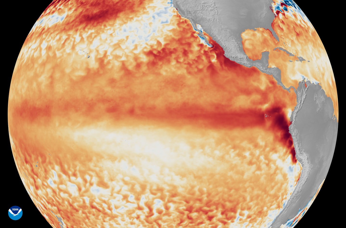 IMAGE BLOG Utility El Nino Preps Satellite imagery showing the difference from average sea surface temperatures at the equator in the tropical Pacific Ocean (depicted using various shades of red and orange for warmth) during the first week of June 2026, as compared with the baseline used by NOAA’s Coral Reef Watch. (Image credit: NOAA Satellites )