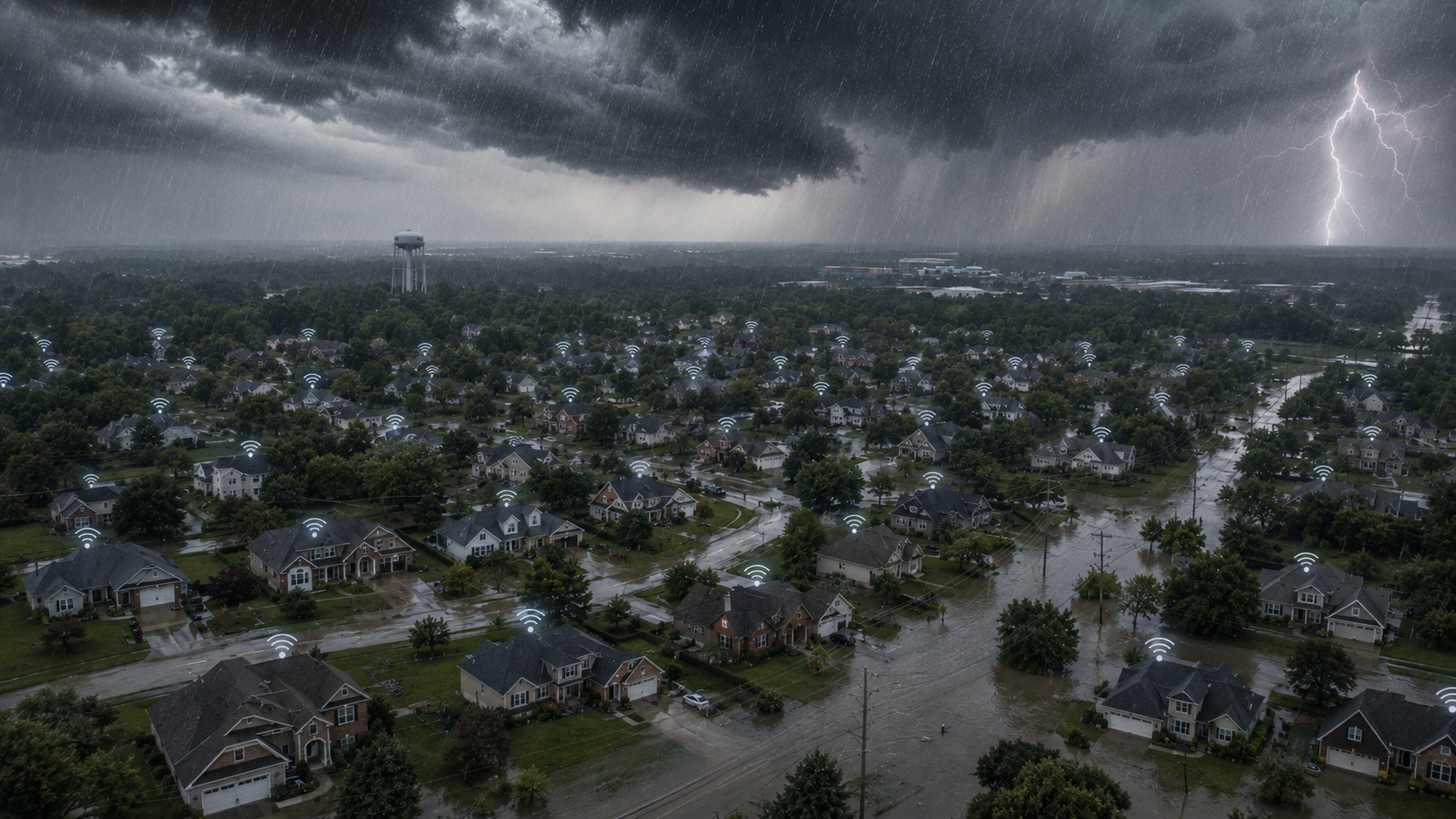 Aerial view of a flooded residential neighborhood during a severe storm, with wireless signals above homes representing continued cellular AMI connectivity.