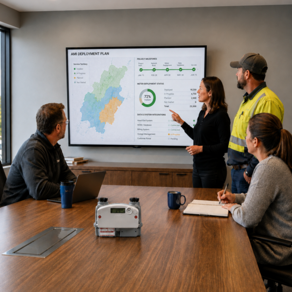 Four utility professionals review an AMI deployment dashboard showing project milestones, meter deployment status, and system integrations. An Itron meter sits on the conference table.