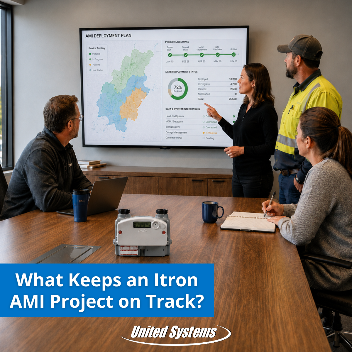 Four utility professionals review an Itron AMI deployment dashboard in a conference room, with an Itron meter on the table. Text reads, “What Keeps an Itron AMI Project on Track?” with the United Systems logo.