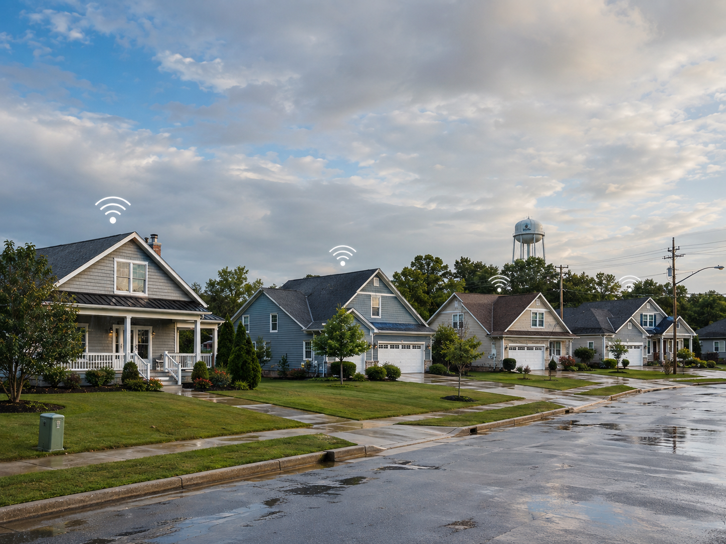 Residential neighborhood after a storm with wet streets, clearing skies, and wireless signals above homes showing continued utility network connectivity.