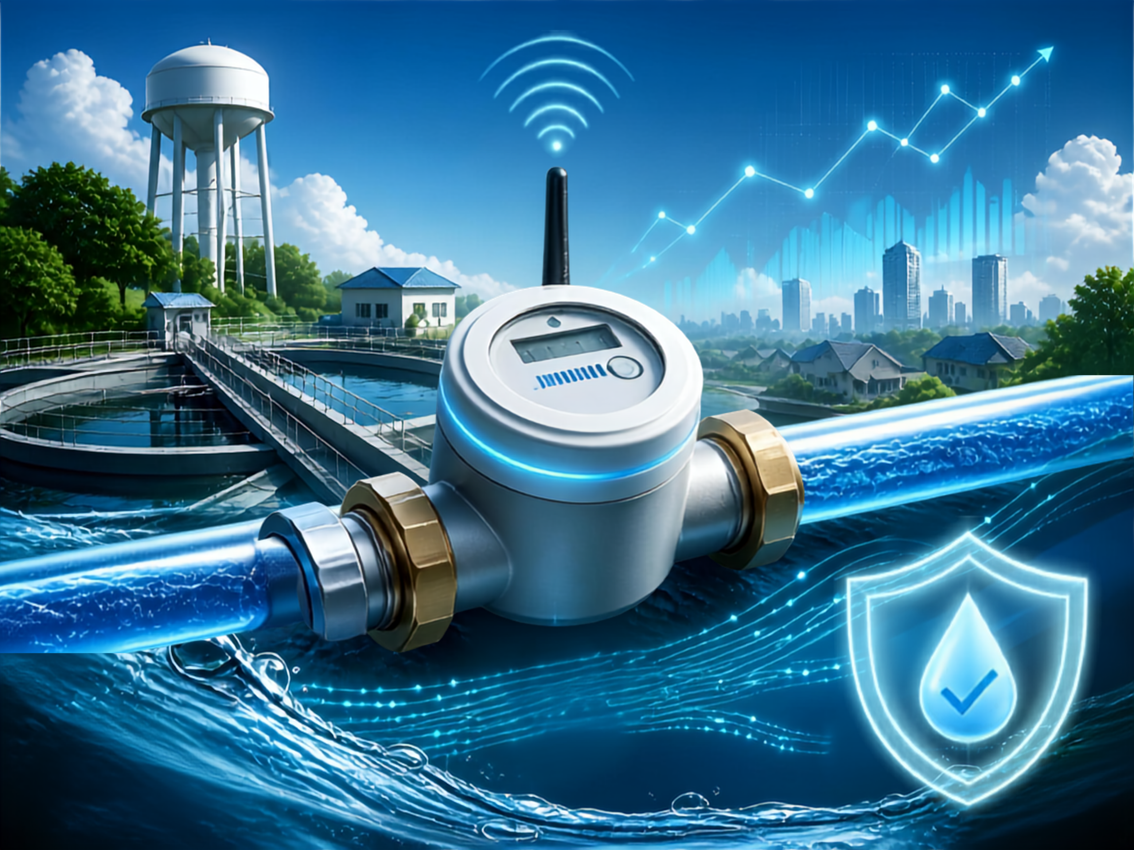 A water meter and pipe runs through the center of the image. Behind it to the left is a water tower, To the right are homes and a city scape. A signal