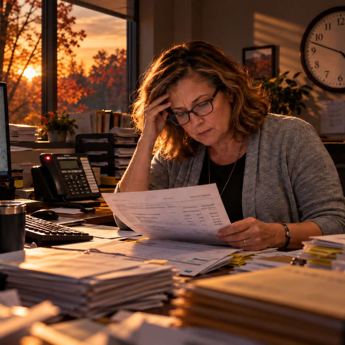 Utility office employee reviewing billing paperwork at a crowded desk as the workday winds down.